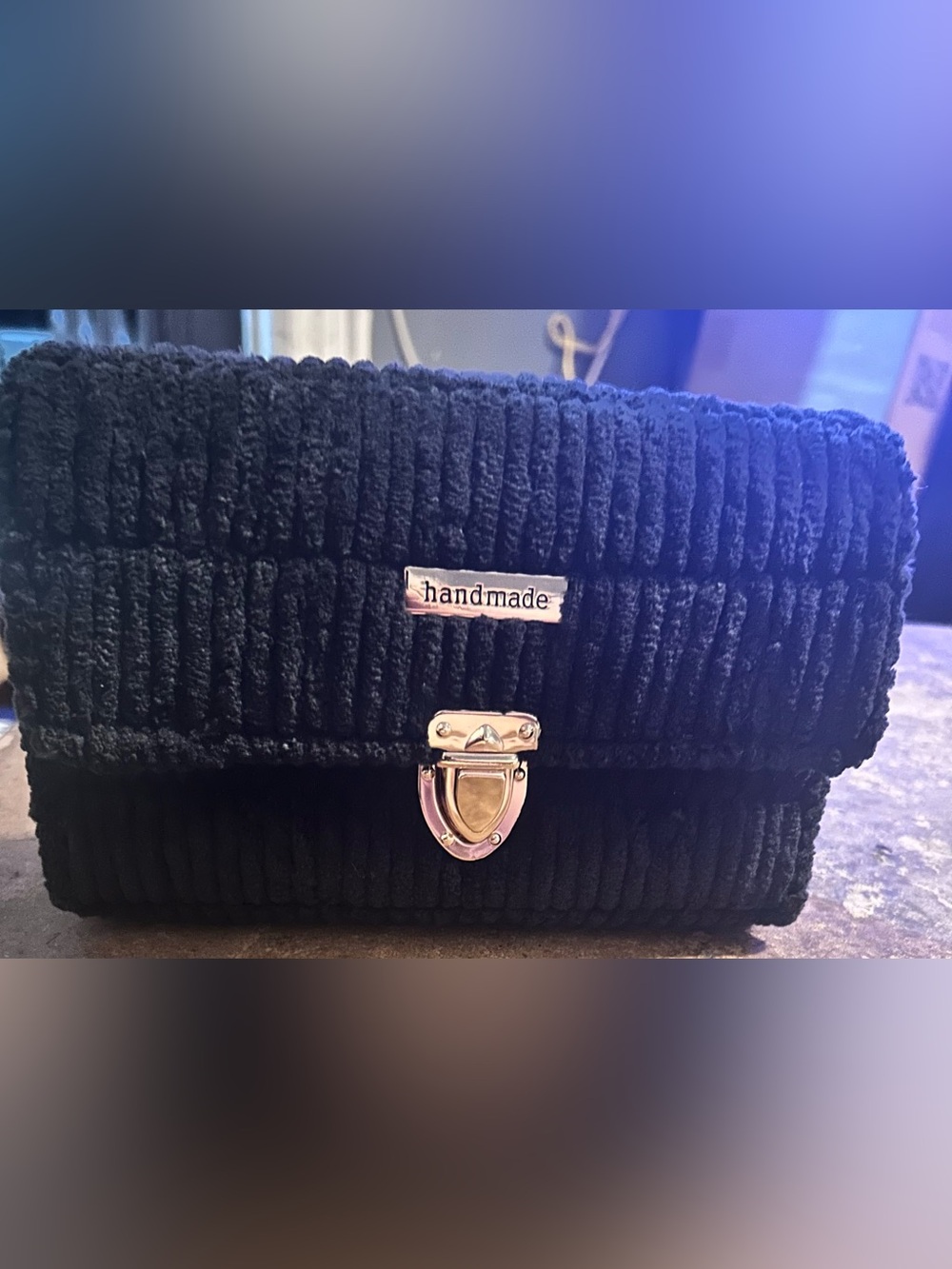 Handmade Black Chunky Chenille Yarn handbag with Gold Hardware